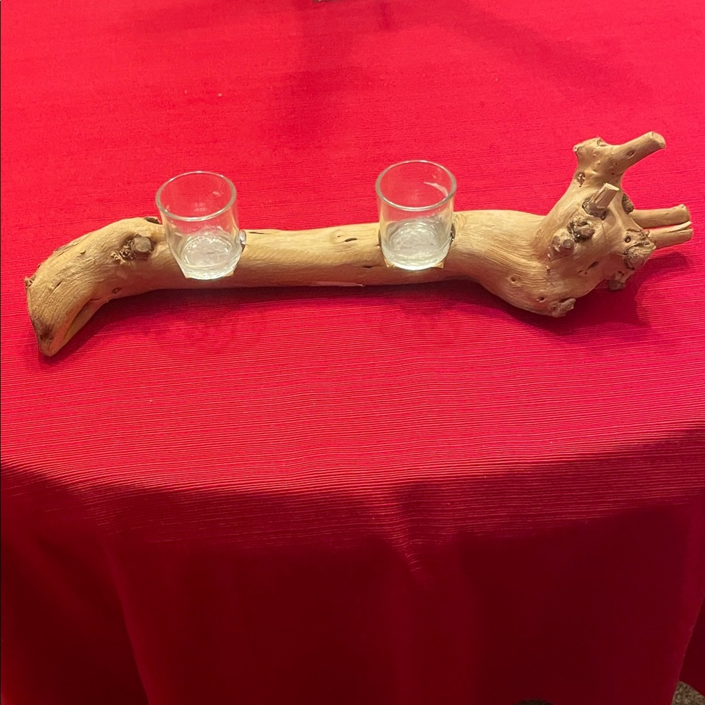 Rustic Wooden Candle Holder with Glass Cups